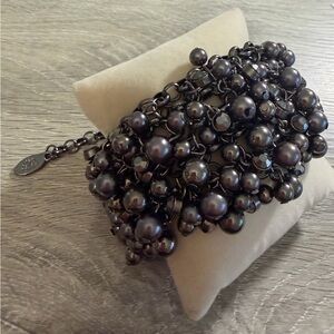 #715 Gunmetal Beaded Statement Bracelet Multi Strand Vintage Style